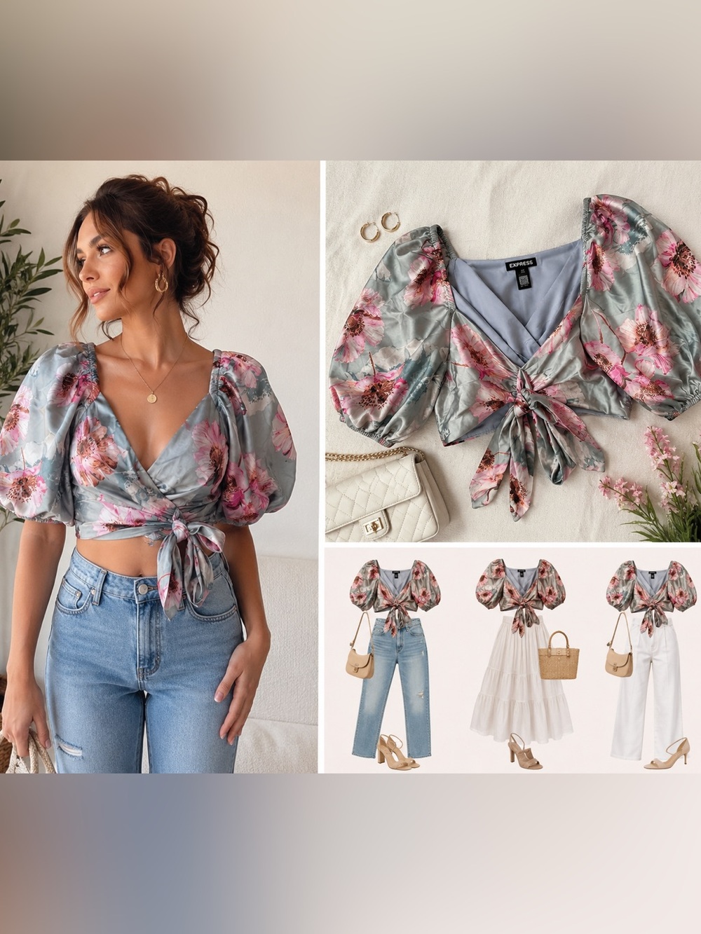 Express Floral Puff Sleeve Wrap Top Size 0 Blue Pink Floral Satin Cottagecore